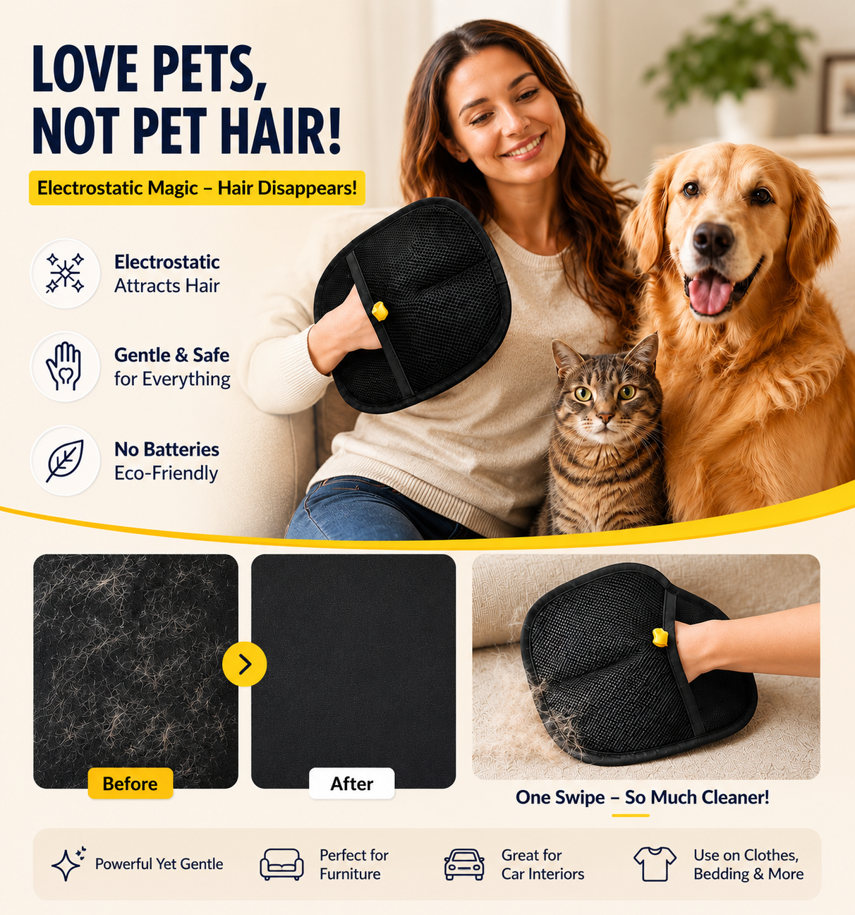 Electrostatic Pet Hair Remover Glove – Instantly Lifts Dog & Cat Hair