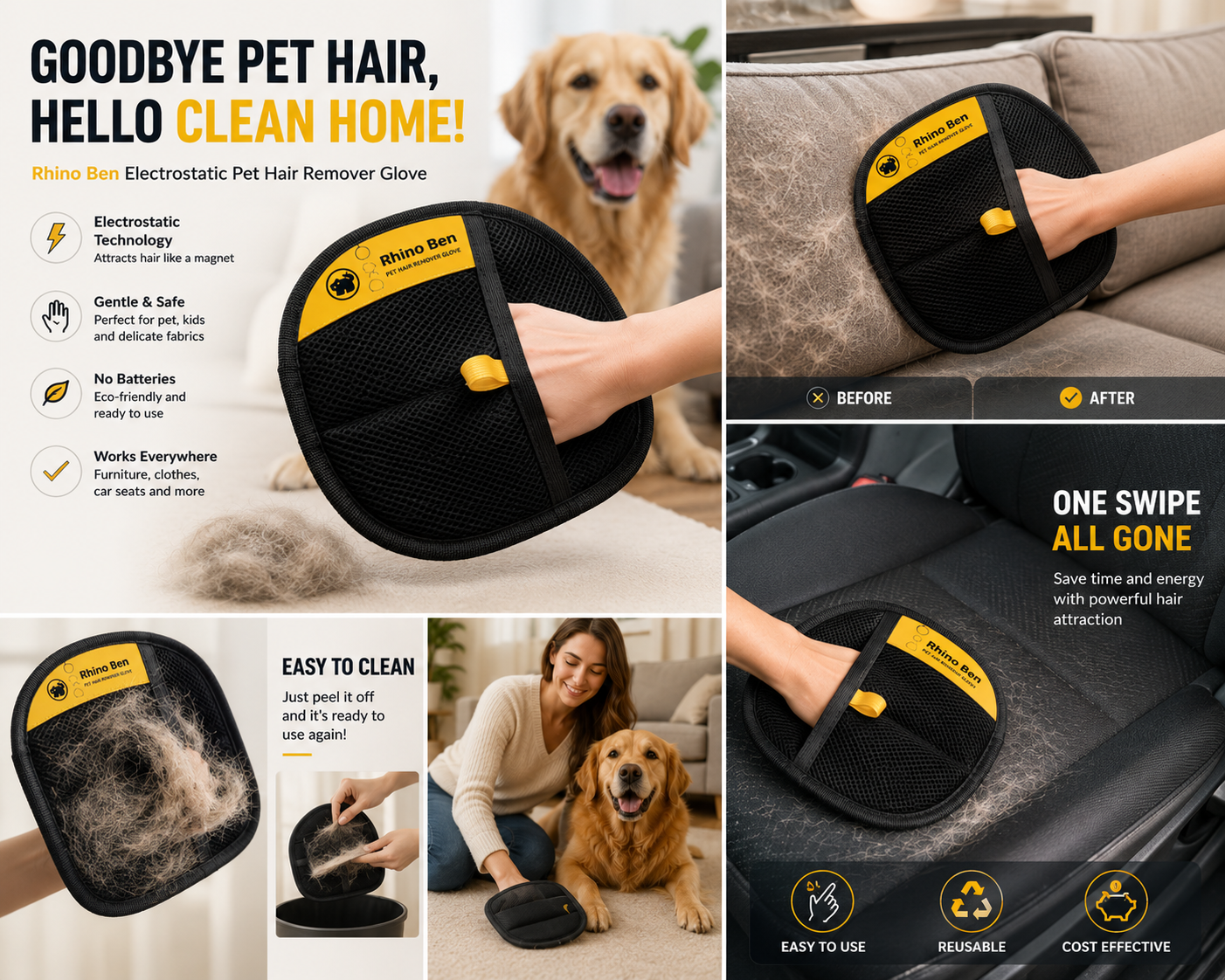 Electrostatic Pet Hair Remover Glove – Instantly Lifts Dog & Cat Hair