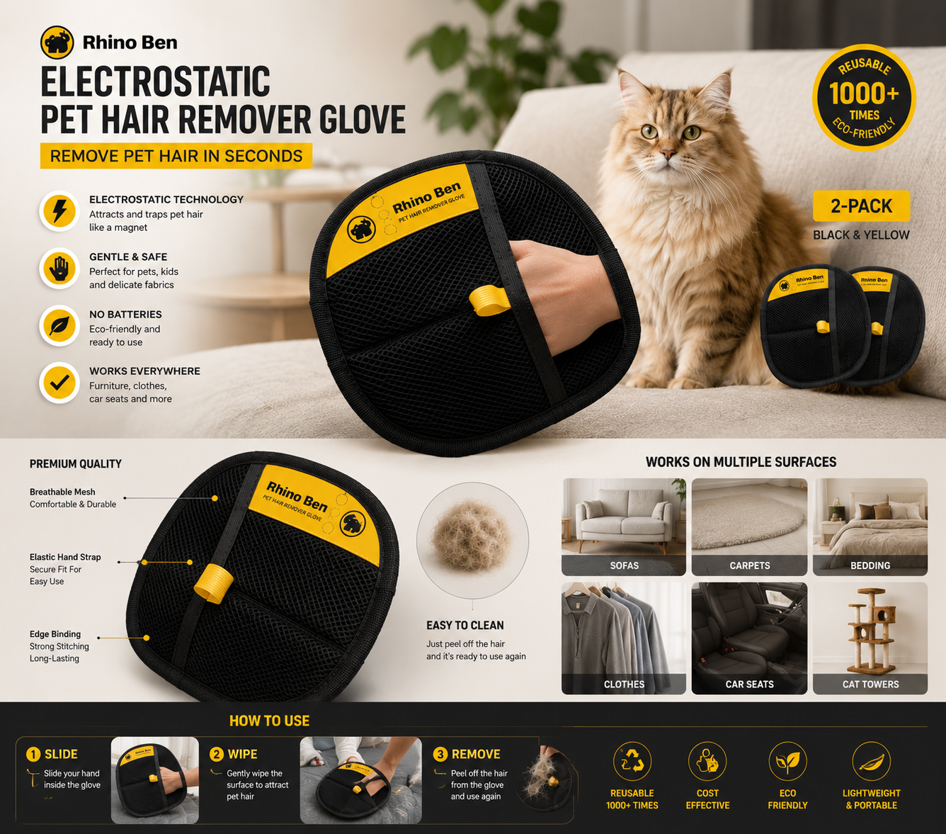 Electrostatic Pet Hair Remover Glove – Instantly Lifts Dog & Cat Hair
